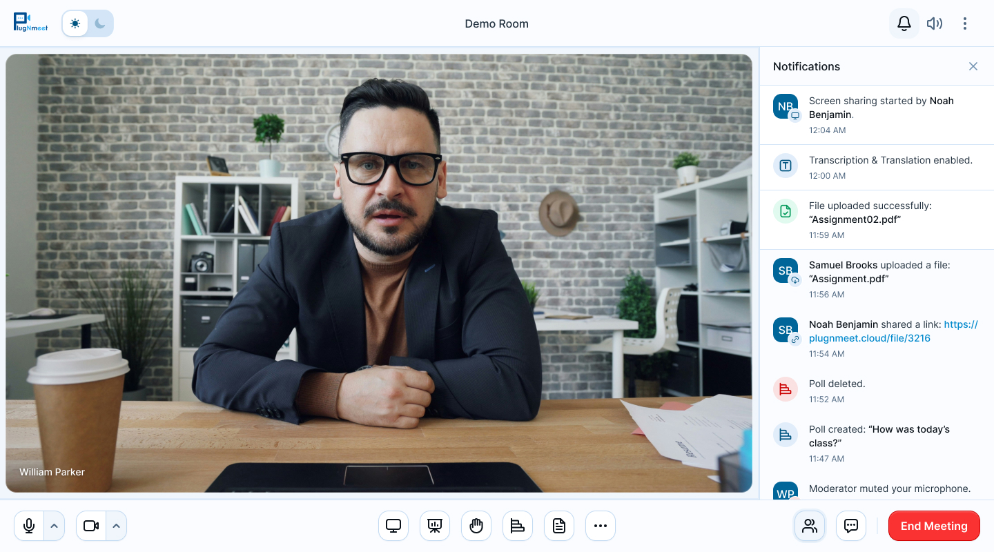 plugNmeet Notifications Panel