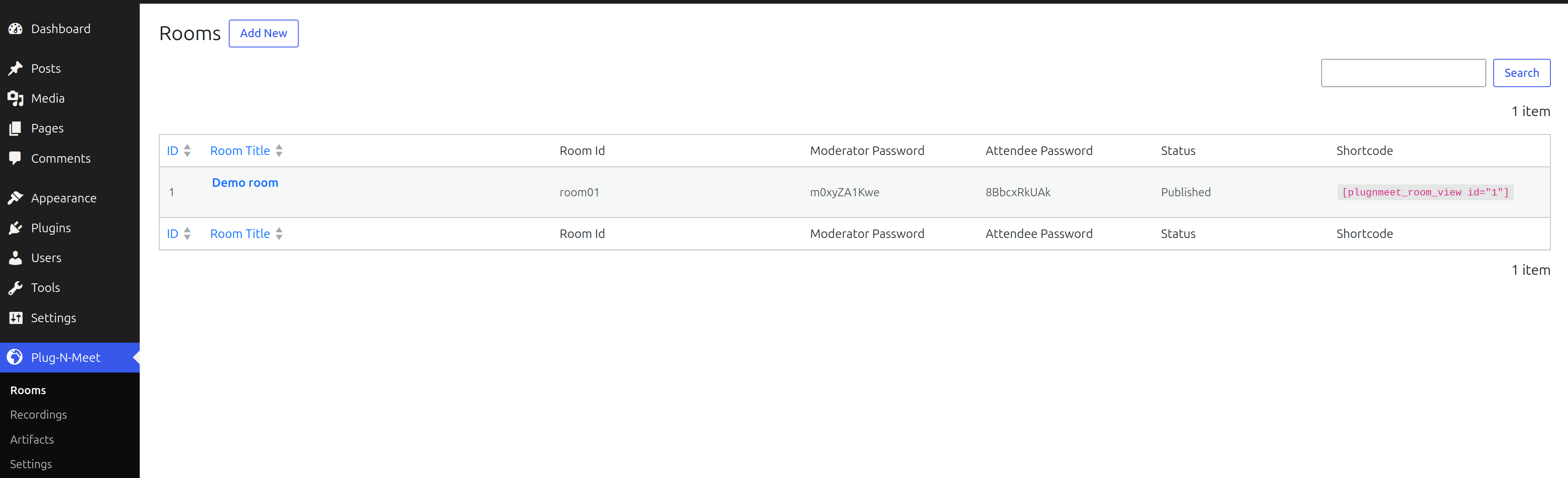 Navigating to the 'Add New' room page in the PlugNmeet WordPress conferencing plugin.