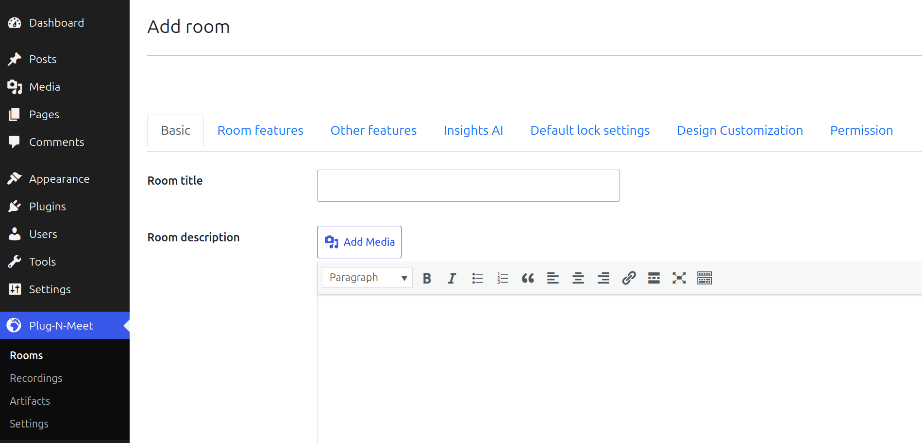 The detailed room configuration interface for the PlugNmeet WordPress plugin, showing multiple tabs for customization.