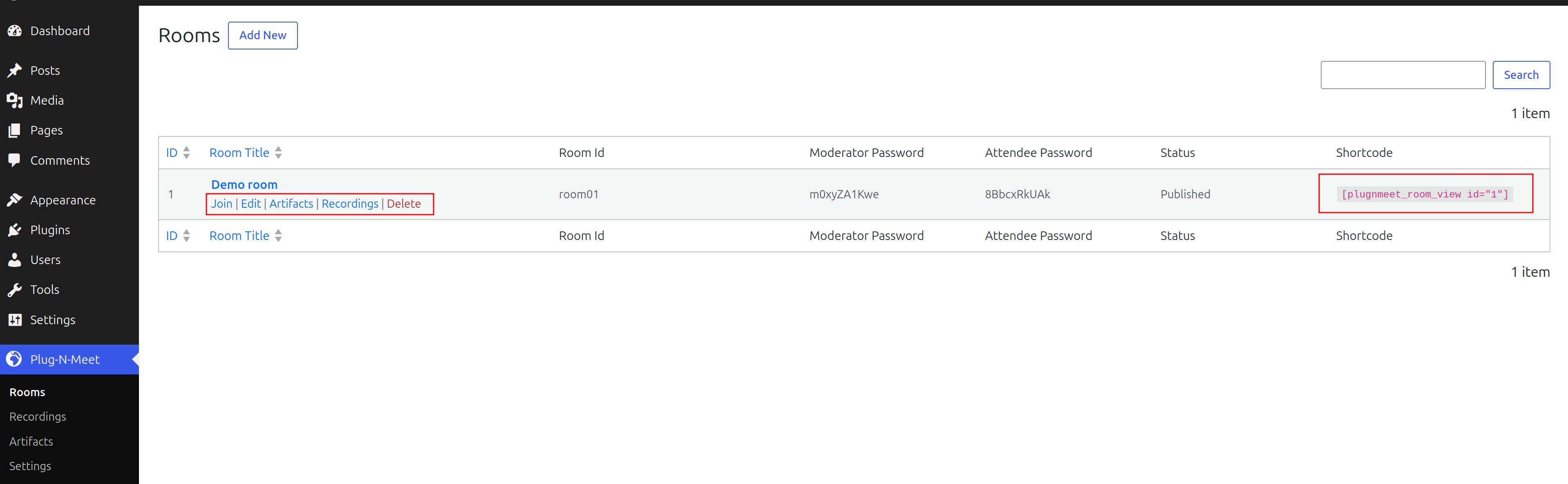 Copying a room shortcode to embed a self-hosted video conference in a WordPress page with the PlugNmeet plugin.