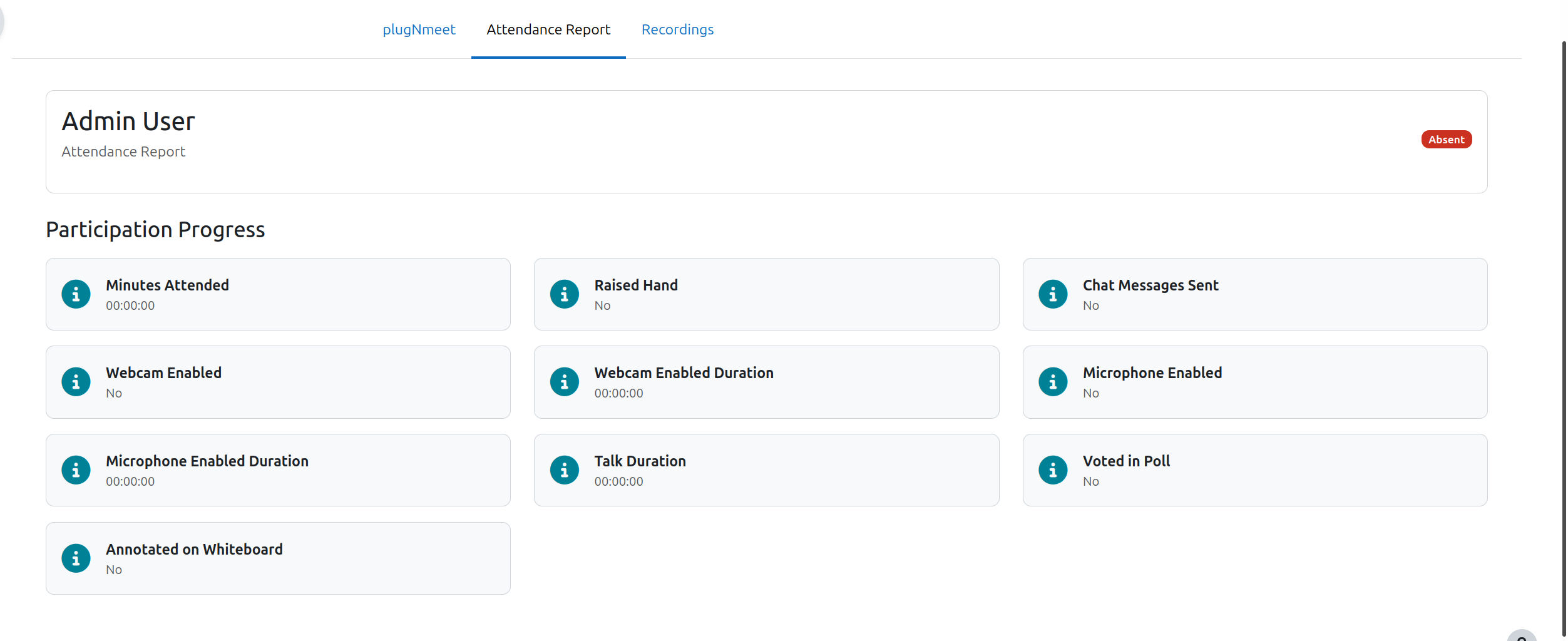 Screenshot of the students's attendance report, showing their participation metrics.