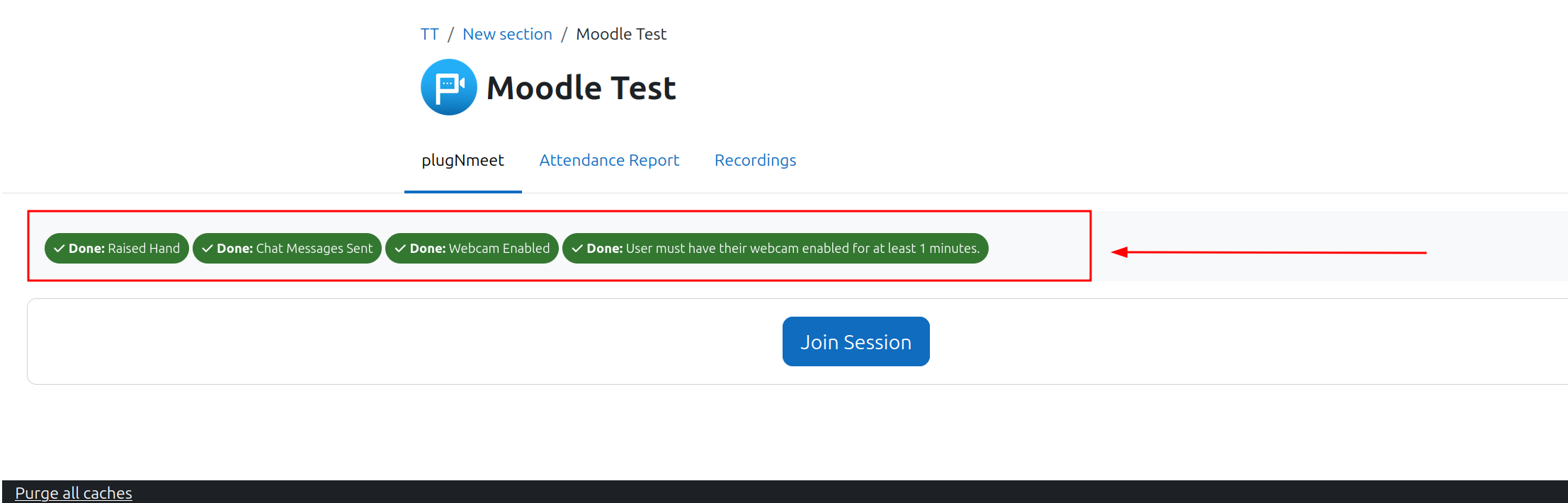 Screenshot of the activity completion settings, with custom plugNmeet rules like "completionminutes" and "completionchatmessages" checked.