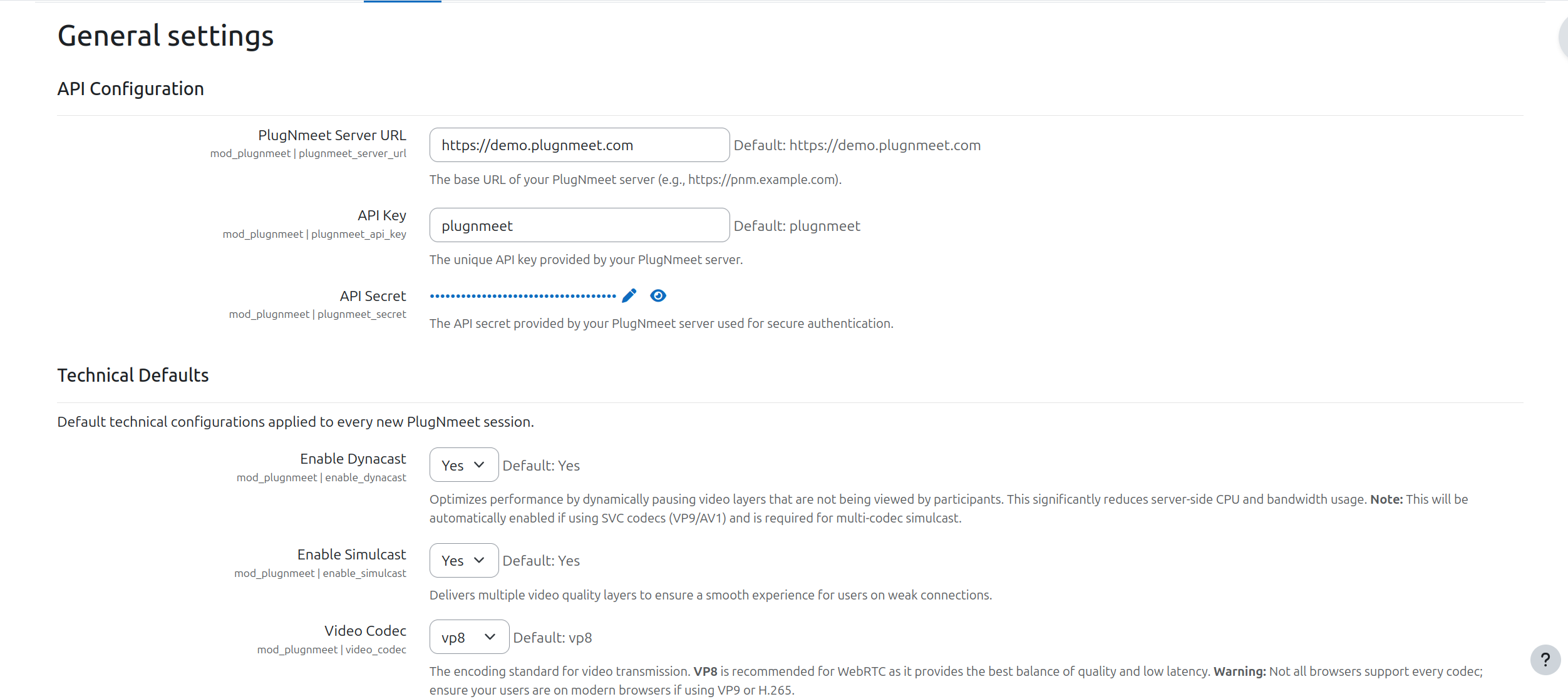 Captura de pantalla de la página de configuración de administración de Moodle con campos para las credenciales de la API y el método de carga del cliente resaltados.